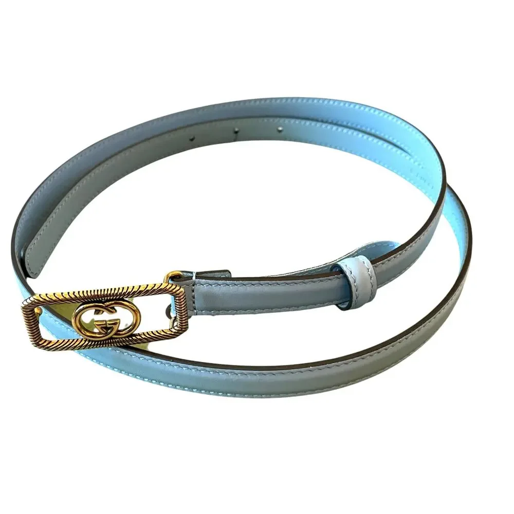 GUCCI Women's Thin Belt w/ Interlocking G Buckle Light Blue Leather SZ 90cm NEW